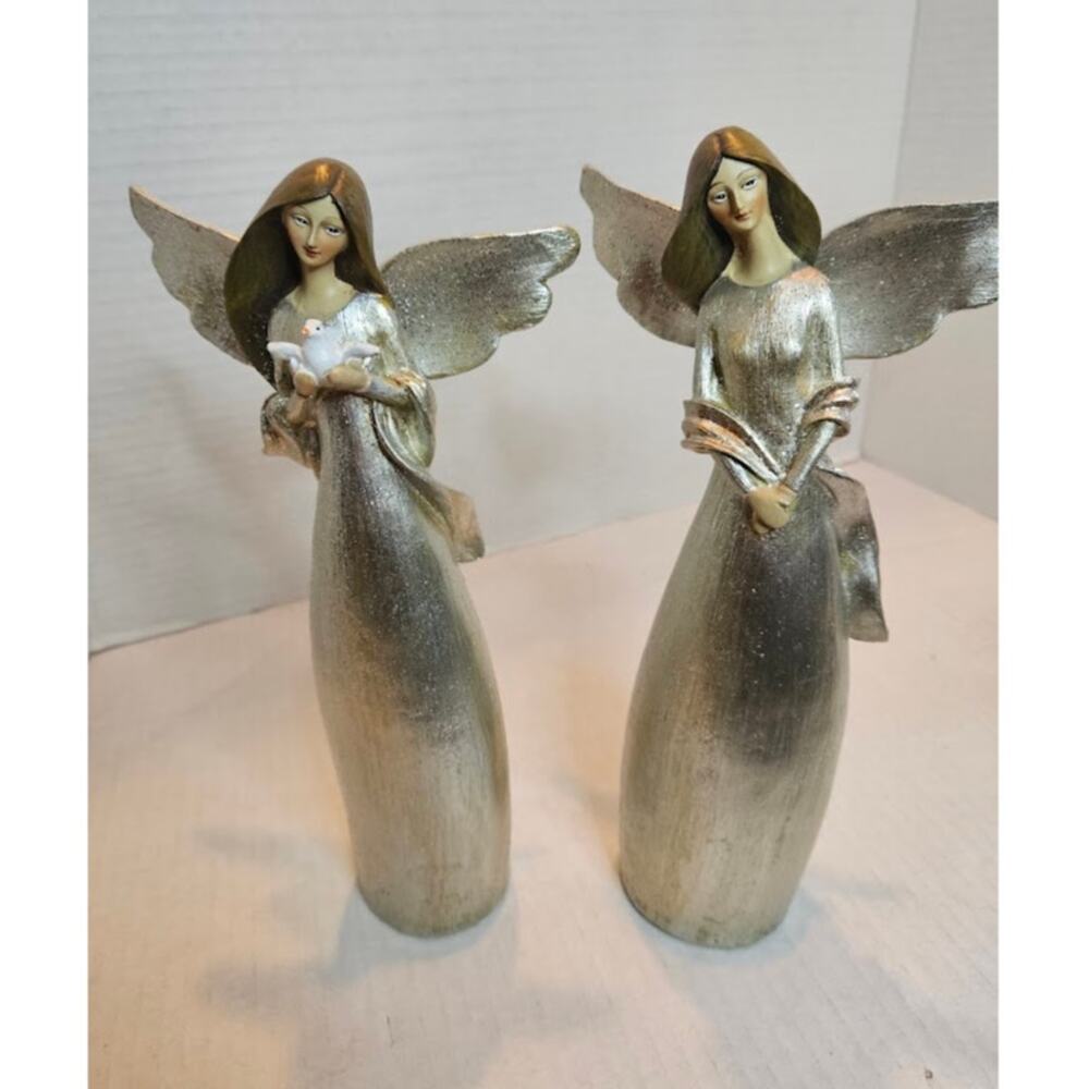 DISCOUNTED! VTG Angel Figurines 11" tall Glittery Silver Brown Hair Dove